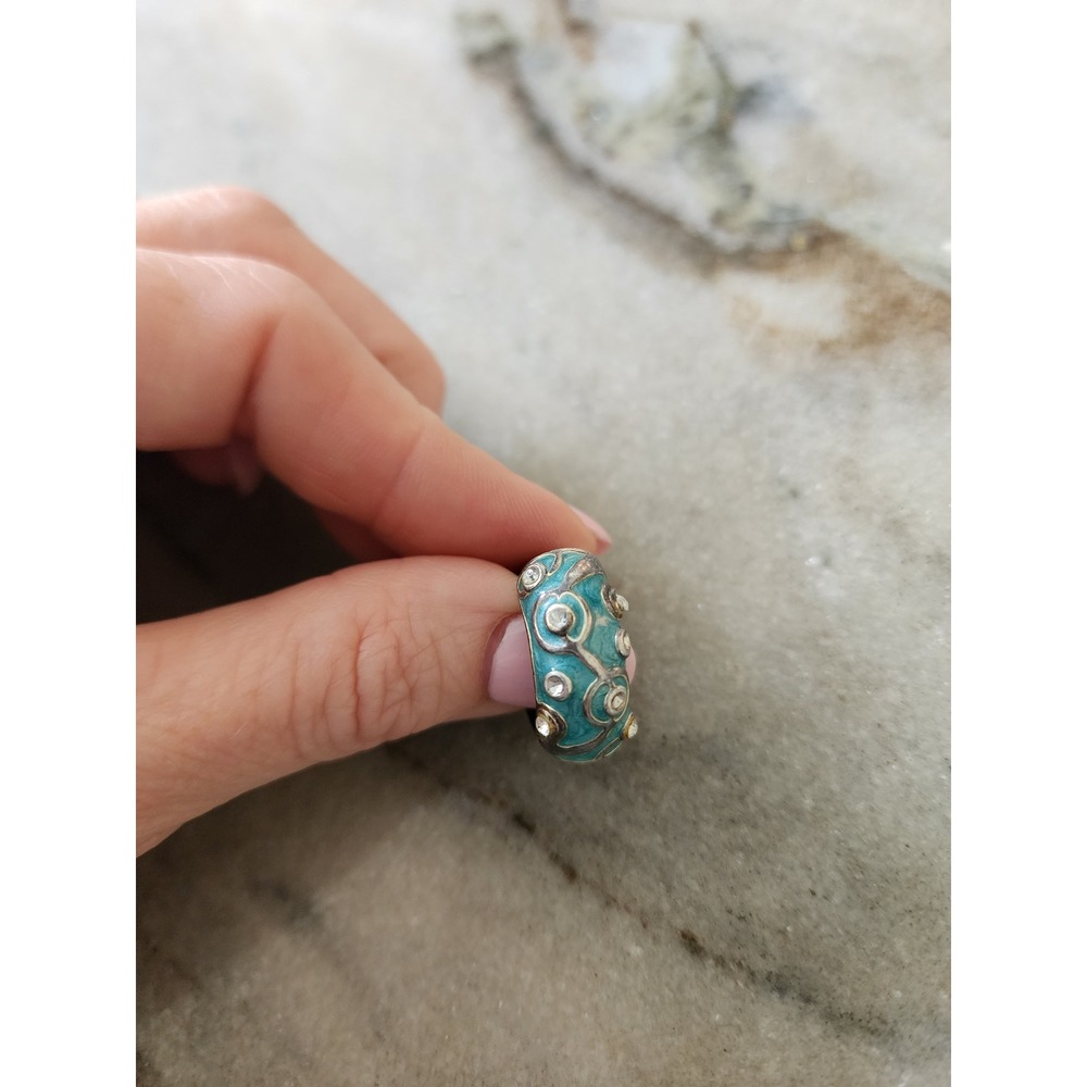 Y2K Turquoise Swirl Statement Ring Silver Tone Rhinestone Rubber‎ Band Size 6.5 - Picture 5 of 5